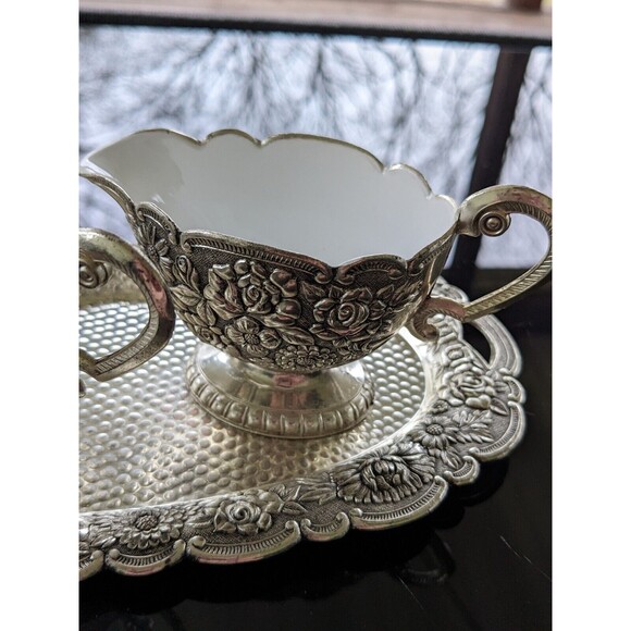 Silverplate Embossed Floral Vtg Sugar Bowl Creamer w Tray White Porcelain Rare - Picture 9 of 16